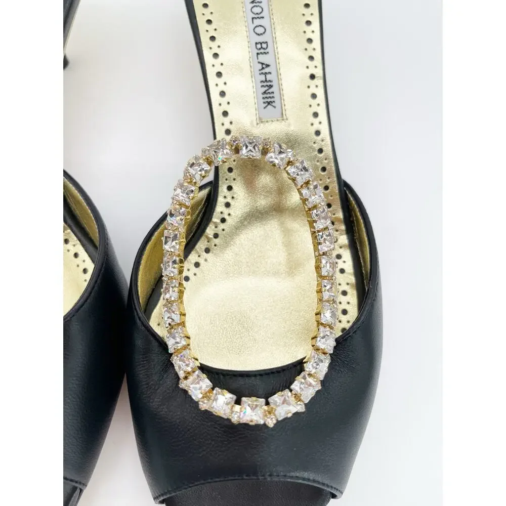 Manolo Blahnik Astria Black Gold Leather Crystal Ring Slide Mule Sandals IT 39